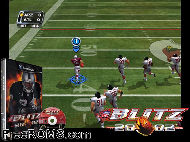NFL Blitz 2002 Nintendo Gamecube game showing 3D box cover and gameplay screenshot