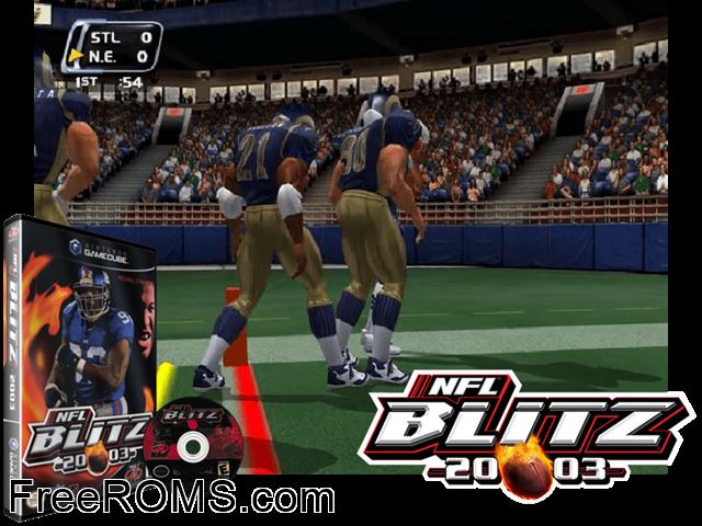 NFL Blitz 2003 Nintendo Gamecube game showing 3D box cover and gameplay screenshot