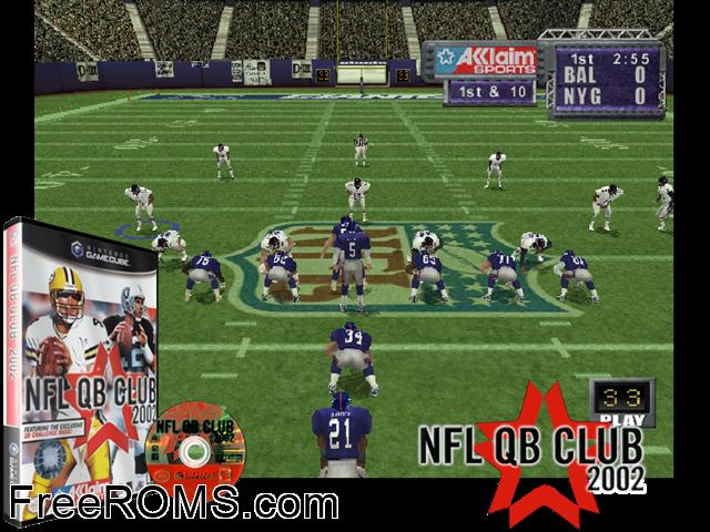 NFL QB Club 2002 Nintendo Gamecube game showing 3D box cover and gameplay screenshot