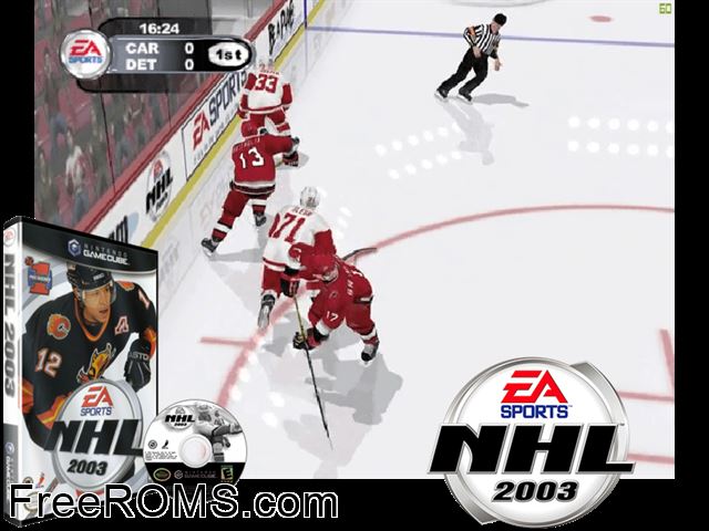 NHL 2003 Nintendo Gamecube game showing 3D box cover and gameplay screenshot