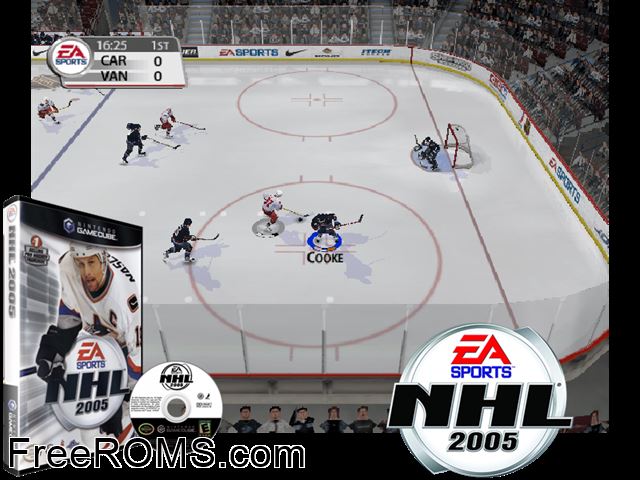 NHL 2005 Nintendo Gamecube game showing 3D box cover and gameplay screenshot