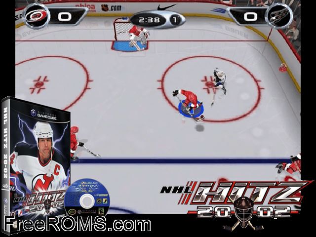 NHL Hitz 2002 Nintendo Gamecube game showing 3D box cover and gameplay screenshot