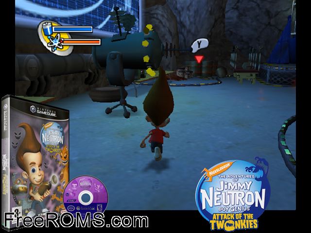 Nickelodeon Jimmy Neutron - Boy Genius - Attack of the Twonkies Nintendo Gamecube game showing 3D box cover and gameplay screenshot