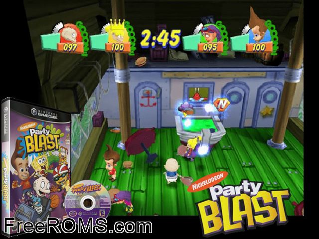 Nickelodeon Party Blast Nintendo Gamecube game showing 3D box cover and gameplay screenshot