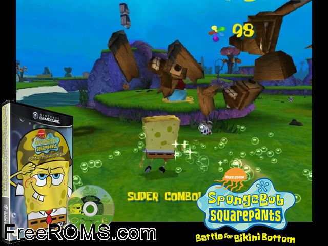 Nickelodeon SpongeBob SquarePants - Battle for Bikini Bottom Nintendo Gamecube game showing 3D box cover and gameplay screenshot