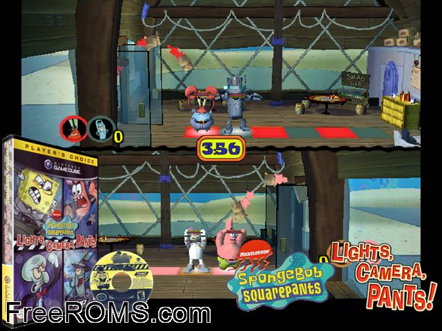 Nickelodeon SpongeBob SquarePants - Lights, Camera, Pants! Nintendo Gamecube game showing 3D box cover and gameplay screenshot