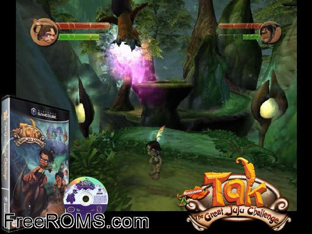 Nickelodeon Tak - The Great Juju Challenge Nintendo Gamecube game showing 3D box cover and gameplay screenshot