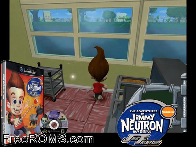 Nickelodeon The Adventures of Jimmy Neutron - Boy Genius - Jet Fusion Nintendo Gamecube game showing 3D box cover and gameplay screenshot