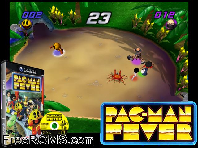 Pac-Man Fever Nintendo Gamecube game showing 3D box cover and gameplay screenshot