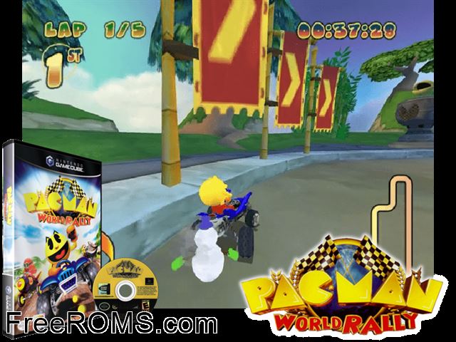Pac-Man World Rally Nintendo Gamecube game showing 3D box cover and gameplay screenshot