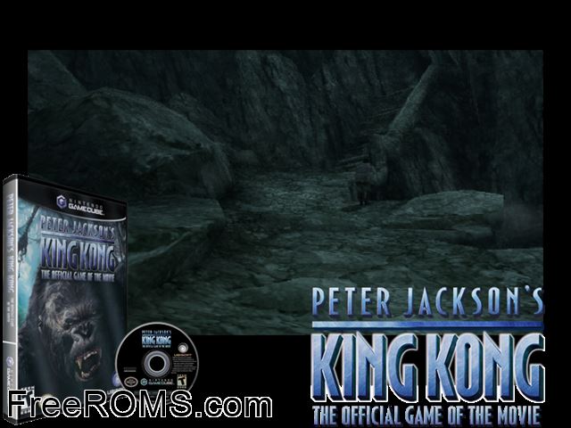 Peter Jacksons King Kong - The Official Game of the Movie Nintendo Gamecube game showing 3D box cover and gameplay screenshot