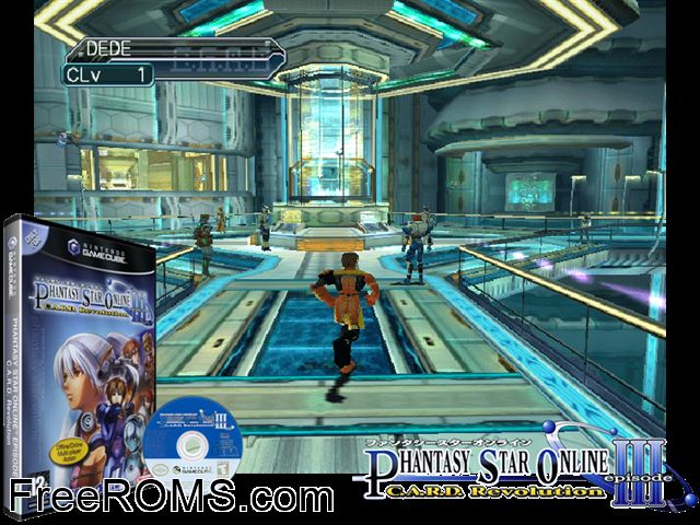 Phantasy Star Online Episode III - C.A.R.D. Revolution Nintendo Gamecube game showing 3D box cover and gameplay screenshot