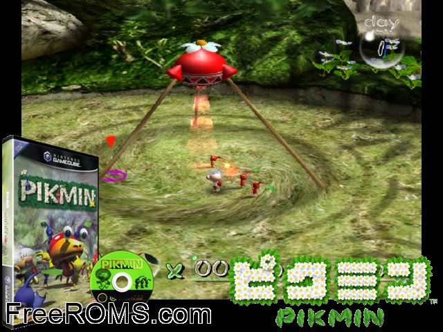 Pikmin Nintendo Gamecube game showing 3D box cover and gameplay screenshot