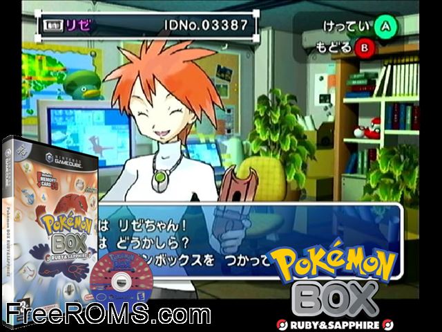 Pokemon Box Ruby and Sapphire Nintendo Gamecube game showing 3D box cover and gameplay screenshot