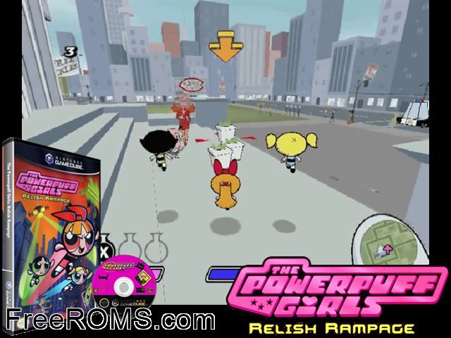 Powerpuff Girls, The - Relish Rampage Nintendo Gamecube game showing 3D box cover and gameplay screenshot