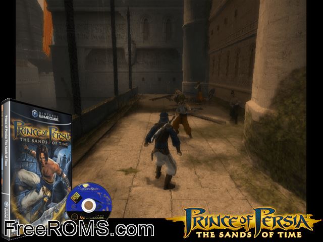 Prince of Persia - The Sands of Time (v1.01) Nintendo Gamecube game showing 3D box cover and gameplay screenshot