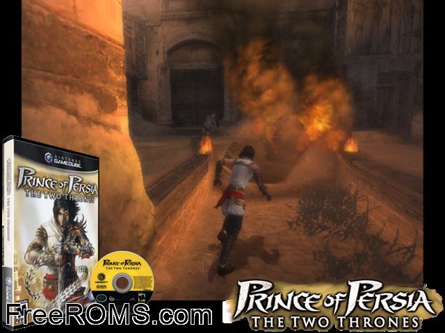 Prince of Persia - The Two Thrones Nintendo Gamecube game showing 3D box cover and gameplay screenshot
