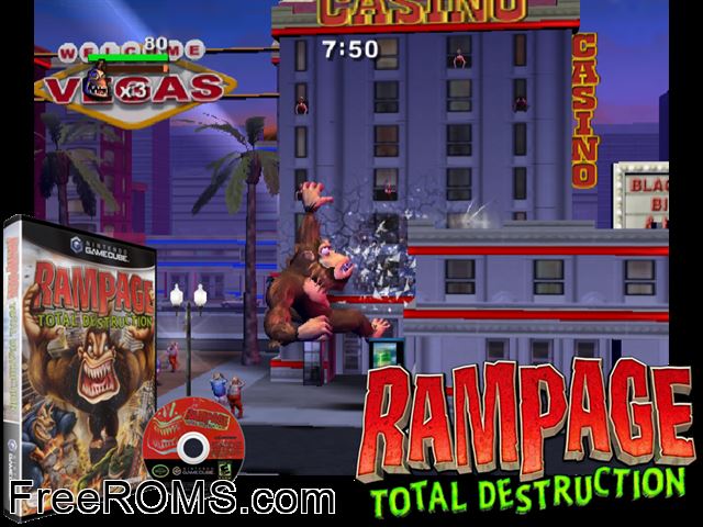 Rampage - Total Destruction Nintendo Gamecube game showing 3D box cover and gameplay screenshot