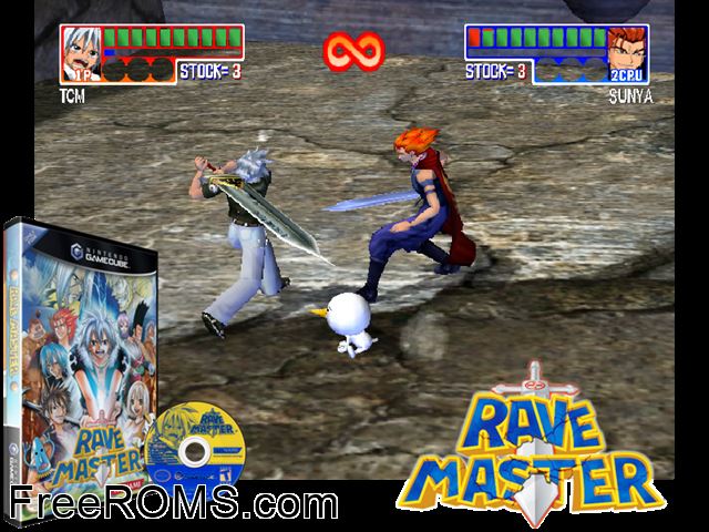 Rave Master Nintendo Gamecube game showing 3D box cover and gameplay screenshot
