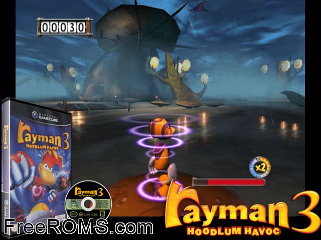 Rayman 3 - Hoodlum Havoc Nintendo Gamecube game showing 3D box cover and gameplay screenshot