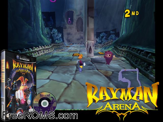 Rayman Arena Nintendo Gamecube game showing 3D box cover and gameplay screenshot