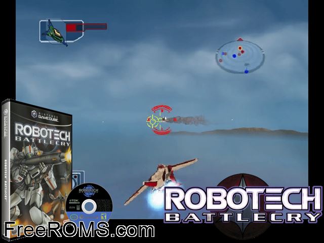 Robotech - Battlecry Nintendo Gamecube game showing 3D box cover and gameplay screenshot