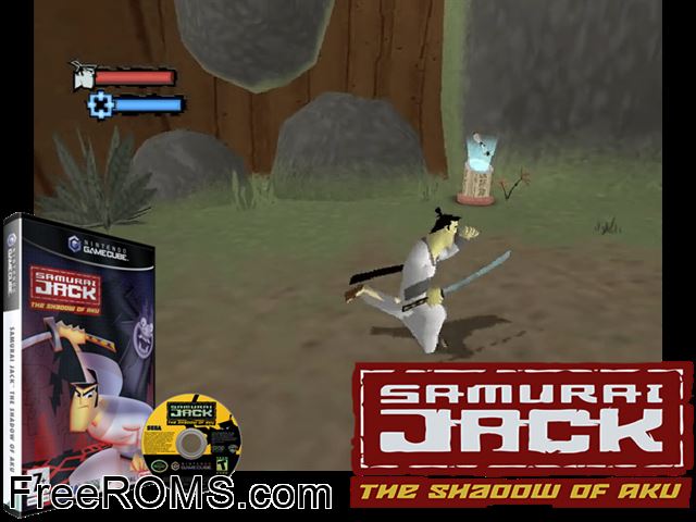 Samurai Jack - The Shadow of Aku Nintendo Gamecube game showing 3D box cover and gameplay screenshot