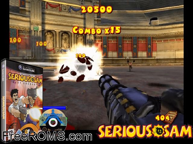 Serious Sam - Next Encounter Nintendo Gamecube game showing 3D box cover and gameplay screenshot