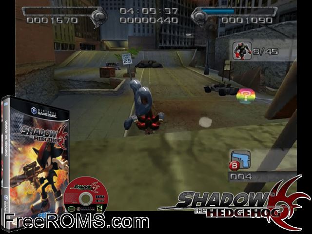 Shadow the Hedgehog Nintendo Gamecube game showing 3D box cover and gameplay screenshot