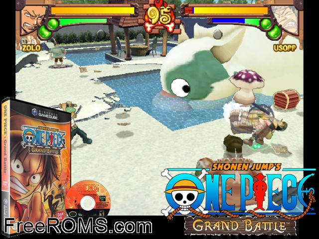 Shonen Jumps One Piece - Grand Battle Nintendo Gamecube game showing 3D box cover and gameplay screenshot
