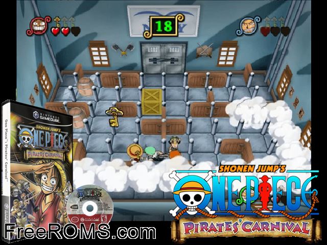 Shonen Jumps One Piece - Pirates Carnival Nintendo Gamecube game showing 3D box cover and gameplay screenshot