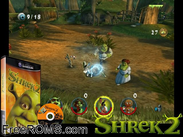 Shrek 2 Nintendo Gamecube game showing 3D box cover and gameplay screenshot