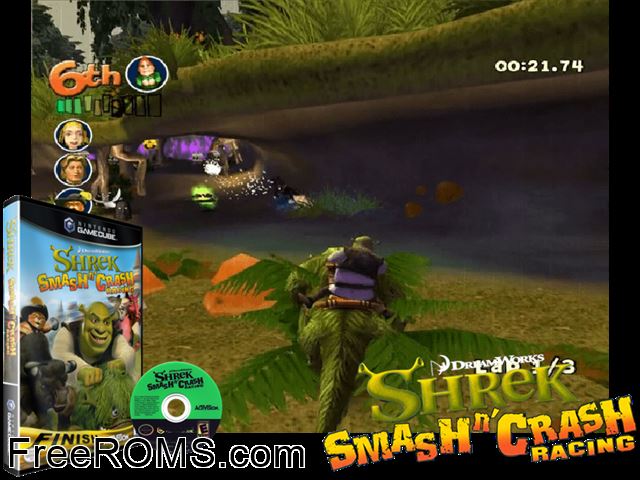 Shrek Smash n Crash Racing Nintendo Gamecube game showing 3D box cover and gameplay screenshot