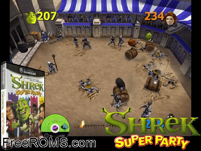 Shrek Super Party Nintendo Gamecube game showing 3D box cover and gameplay screenshot