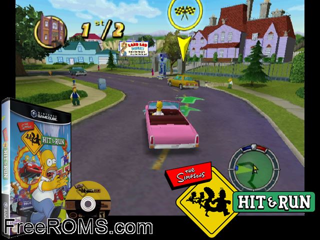 Simpsons, The - Hit and Run Nintendo Gamecube game showing 3D box cover and gameplay screenshot
