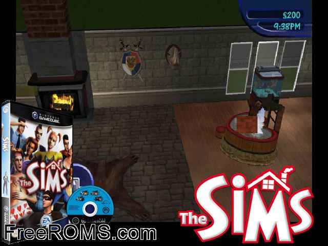 Sims, The Nintendo Gamecube game showing 3D box cover and gameplay screenshot
