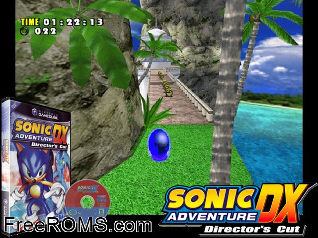 Sonic Adventure DX - Directors Cut Nintendo Gamecube game showing 3D box cover and gameplay screenshot
