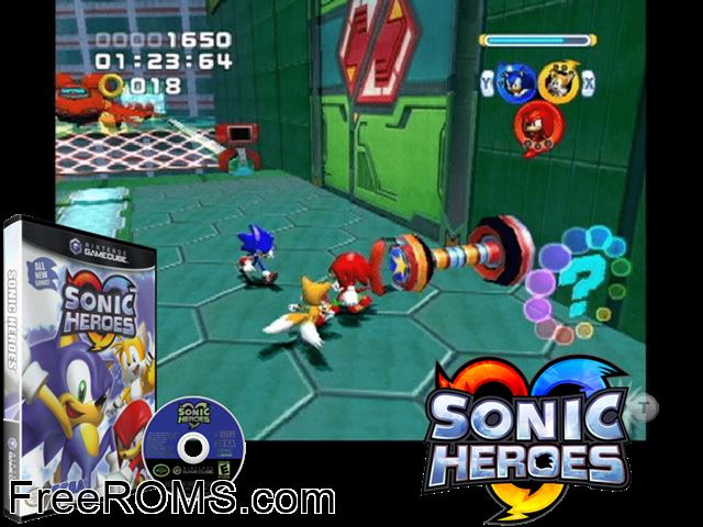 Sonic Heroes Nintendo Gamecube game showing 3D box cover and gameplay screenshot