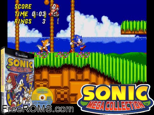Sonic Mega Collection Nintendo Gamecube game showing 3D box cover and gameplay screenshot