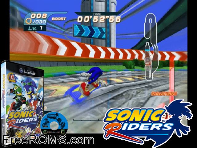 Sonic Riders Nintendo Gamecube game showing 3D box cover and gameplay screenshot