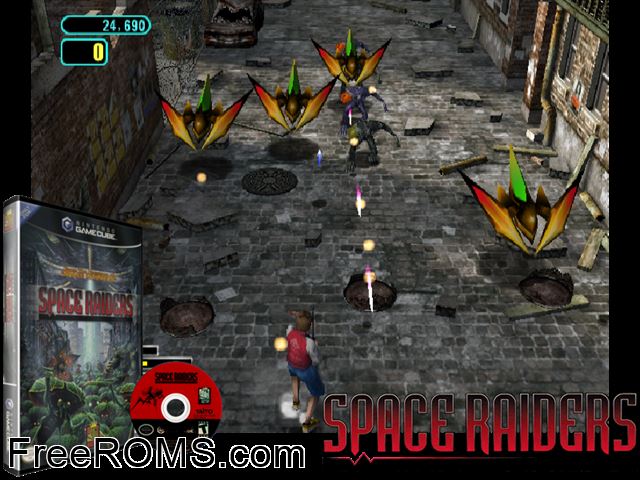 Space Raiders Nintendo Gamecube game showing 3D box cover and gameplay screenshot