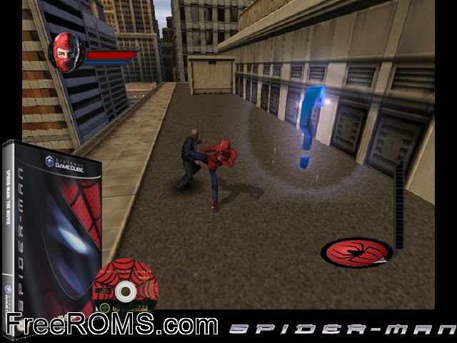 Spider-Man Nintendo Gamecube game showing 3D box cover and gameplay screenshot