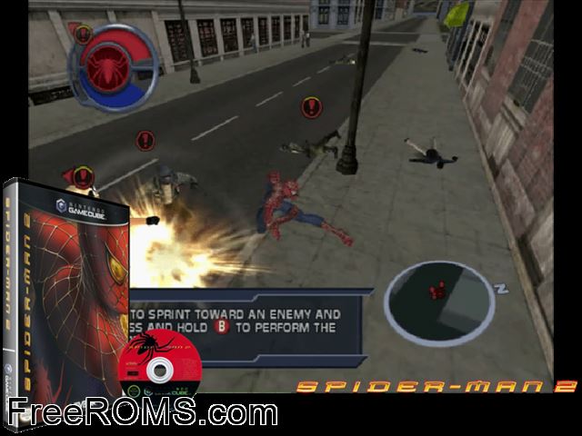 Spider-Man 2 Nintendo Gamecube game showing 3D box cover and gameplay screenshot