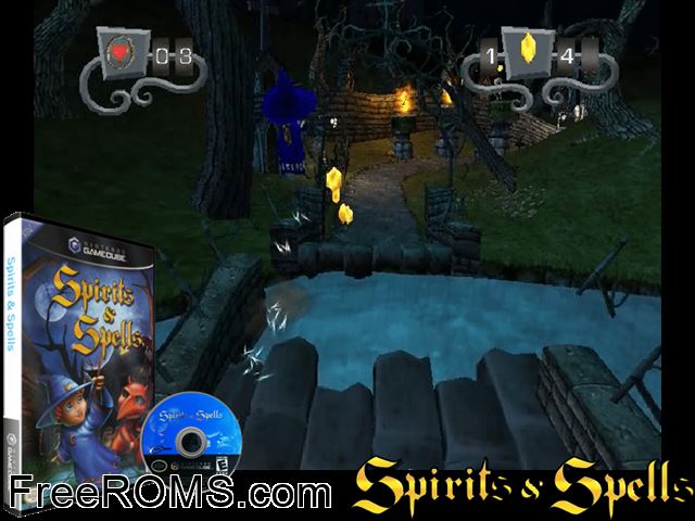 Spirits and Spells Nintendo Gamecube game showing 3D box cover and gameplay screenshot