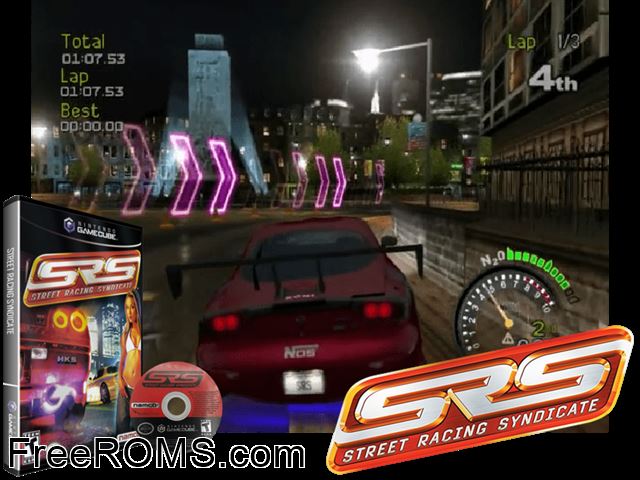 SRS - Street Racing Syndicate Nintendo Gamecube game showing 3D box cover and gameplay screenshot