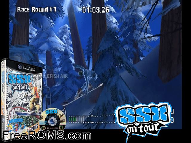 SSX On Tour Nintendo Gamecube game showing 3D box cover and gameplay screenshot