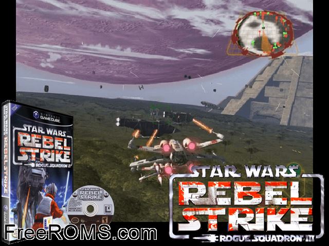 Star Wars - Rogue Squadron III - Rebel Strike Nintendo Gamecube game showing 3D box cover and gameplay screenshot