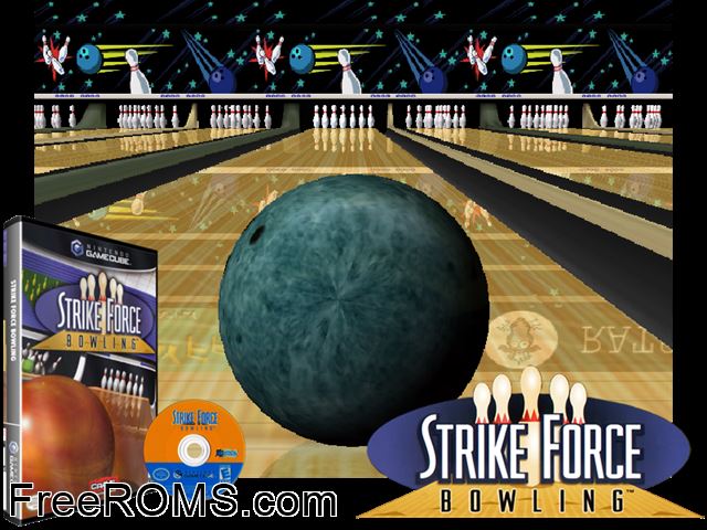 Strike Force Bowling Nintendo Gamecube game showing 3D box cover and gameplay screenshot