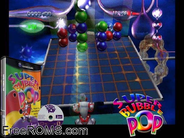 Super Bubble Pop Nintendo Gamecube game showing 3D box cover and gameplay screenshot