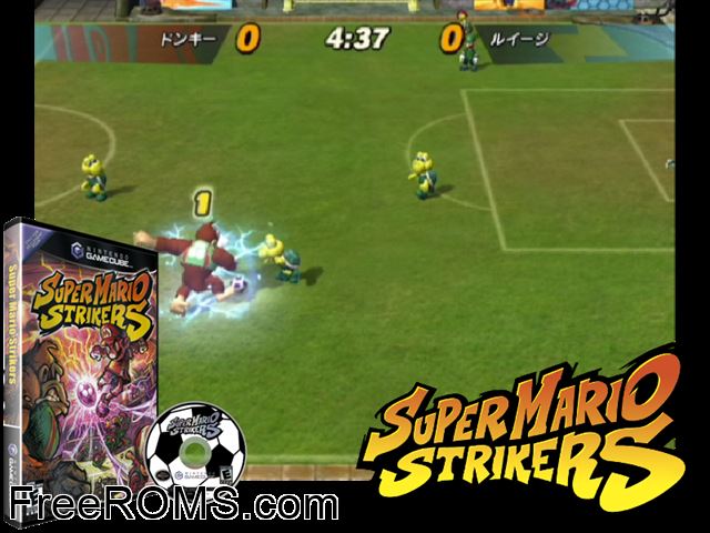 Super Mario Strikers Nintendo Gamecube game showing 3D box cover and gameplay screenshot